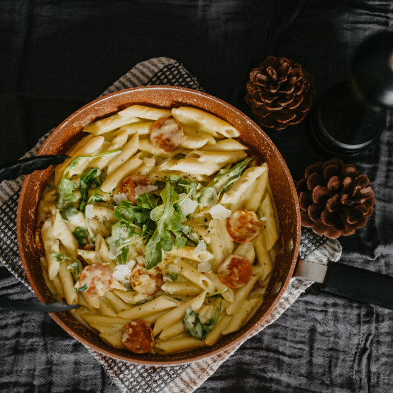 Gemelli crémeux à la courge & saucisse