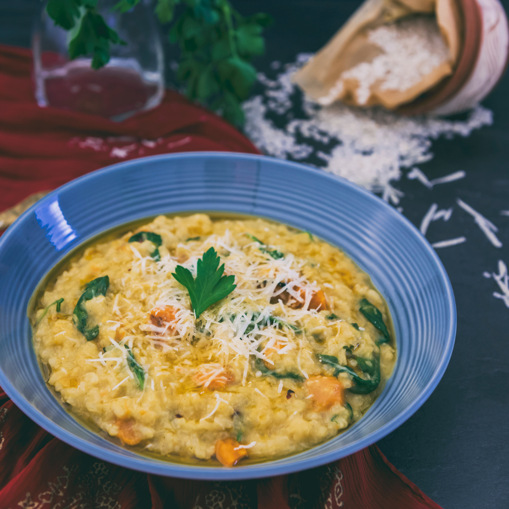 Risotto à la courge, épinard & cheddar