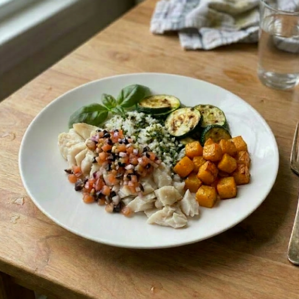 Aiglefin méditerranéen, riz au pesto et courges rôties