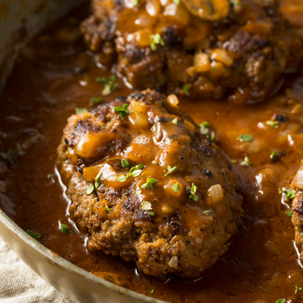 Hamburger steak aux oignons caramélisés