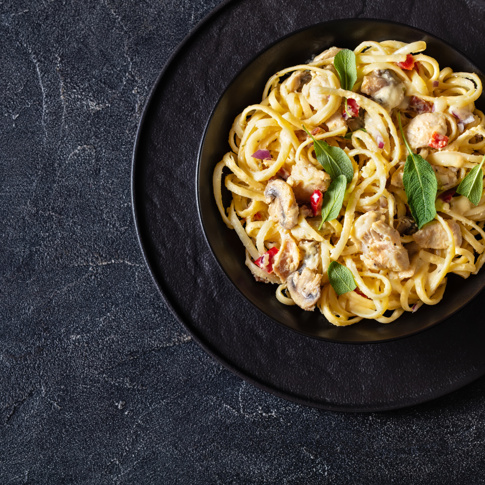 Linguines au boeuf, champignons et vin rouge